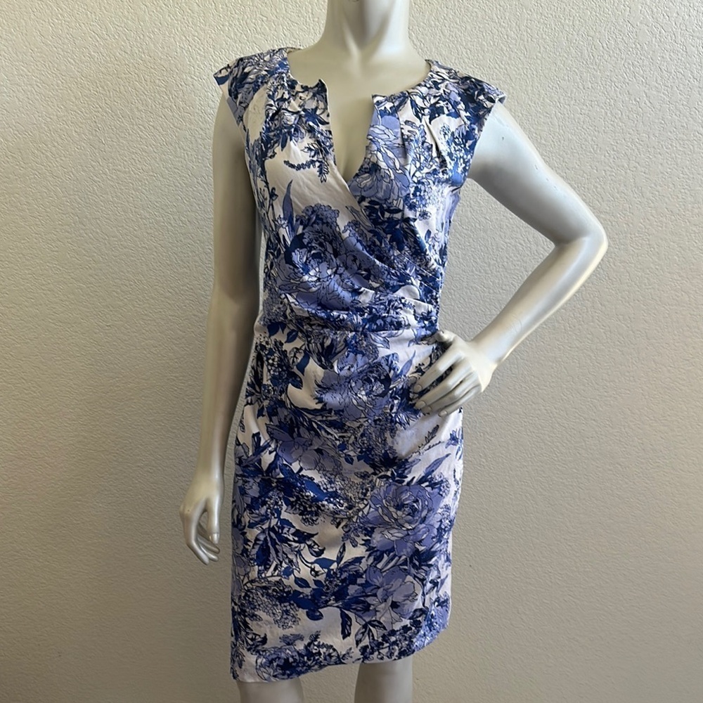Adrianna Papell Blue Watercolor Floral Cap Sleeve Faux Wrap Sheath Dress